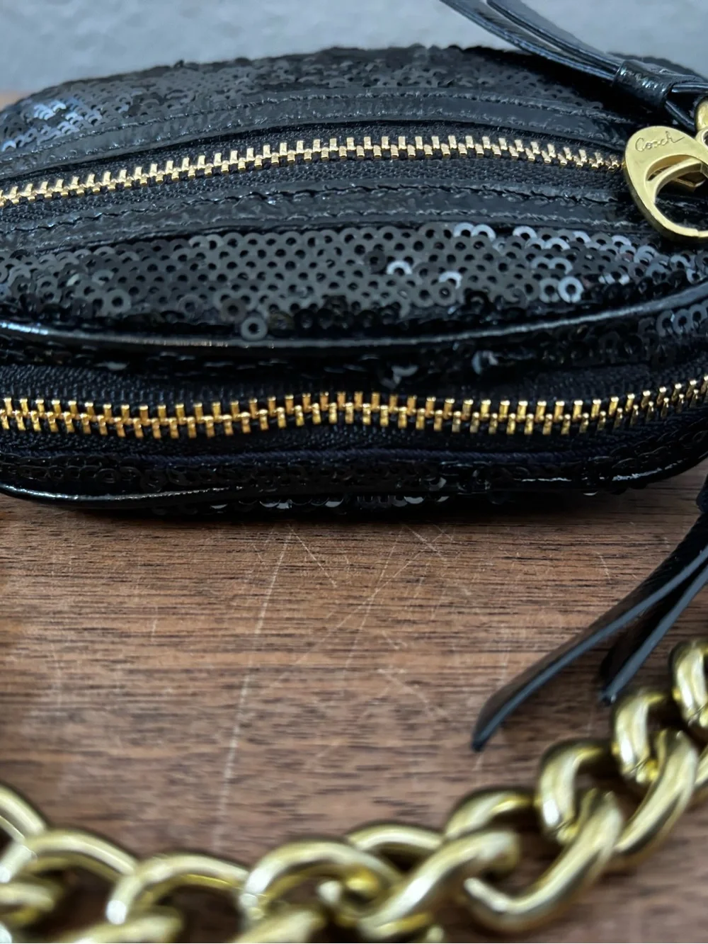 Coach Black Sequin Mini Bag with Gold Chain